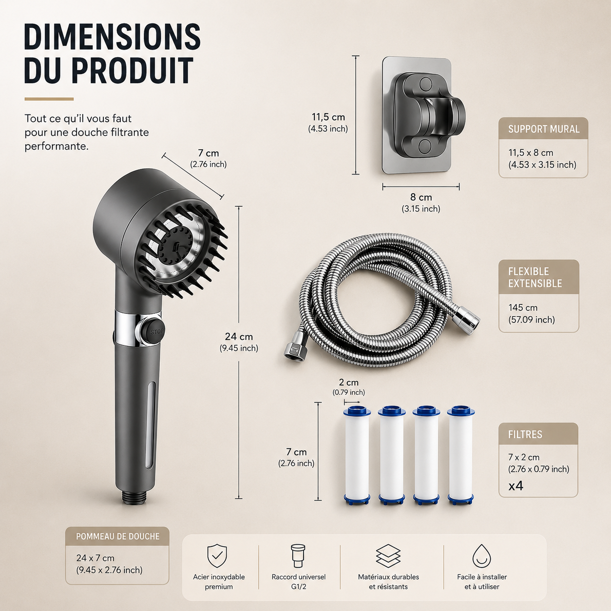 Pommeau de douche Éclaréo avec filtre coton micronique
