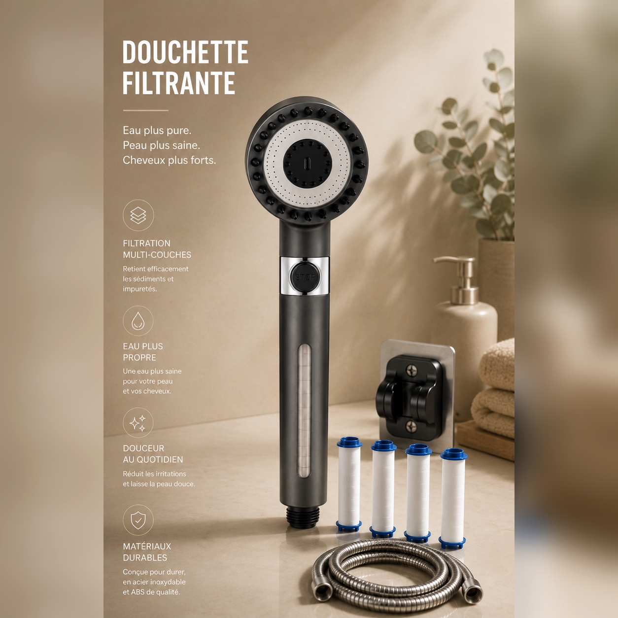 Caractéristiques du pommeau de douche filtrant Éclaréo : filtre 3 couches, 3 modes de jet, raccord universel